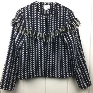 Everly blue and black woven blazer with fringe